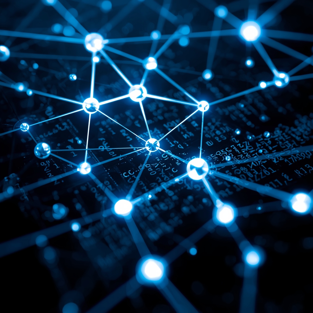 A glowing abstract representation of code compiling and connecting across network nodes, futuristic technical illustration style, blue and silver hues